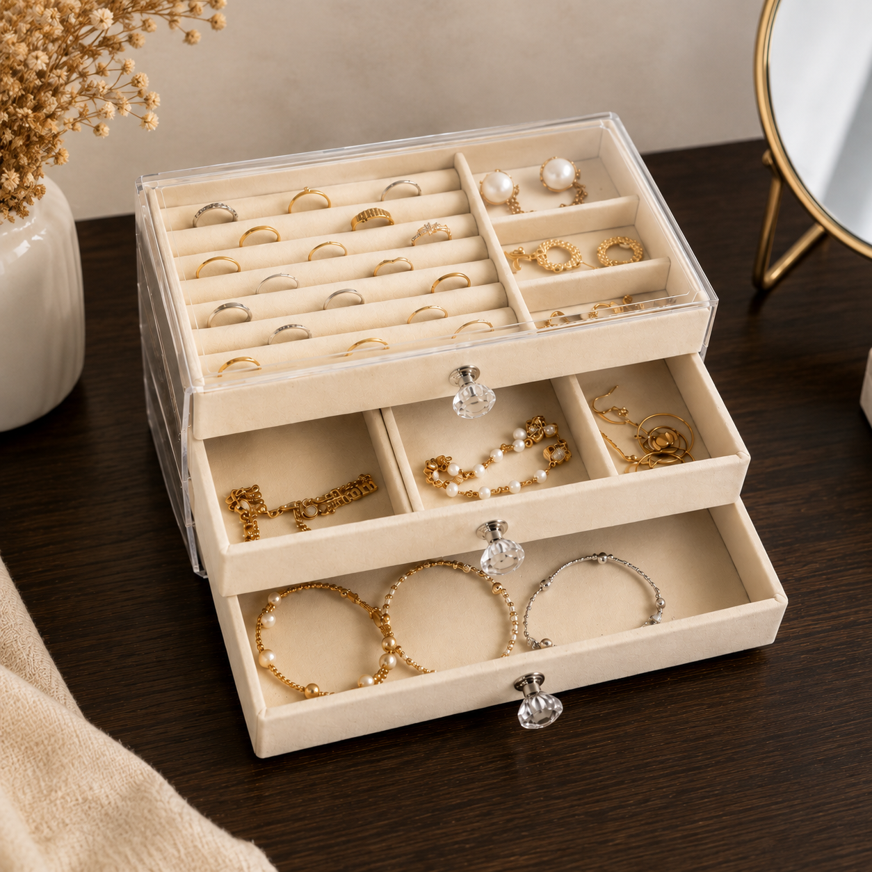 Luxury 3-Tier Velvet Jewelry Organizer Box with Acryic Lid