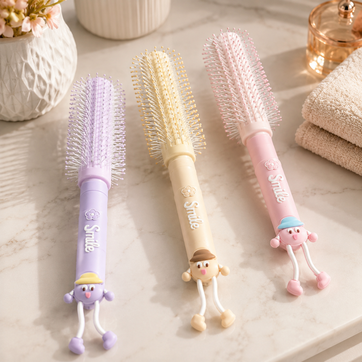Cute Round Hair Styling Brush – Pastel Cartoon Design