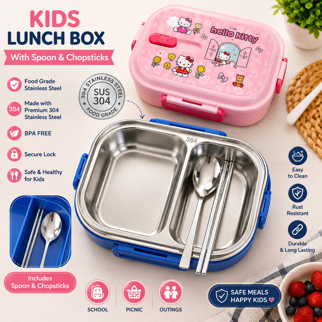 SUS 304 Kids Lunch Box Stainless Steel – Pink & Blue Cartoon Designs