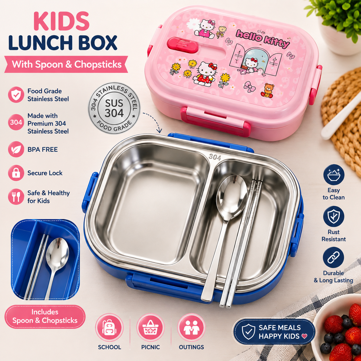 SUS 304 Kids Lunch Box Stainless Steel – Pink & Blue Cartoon Designs