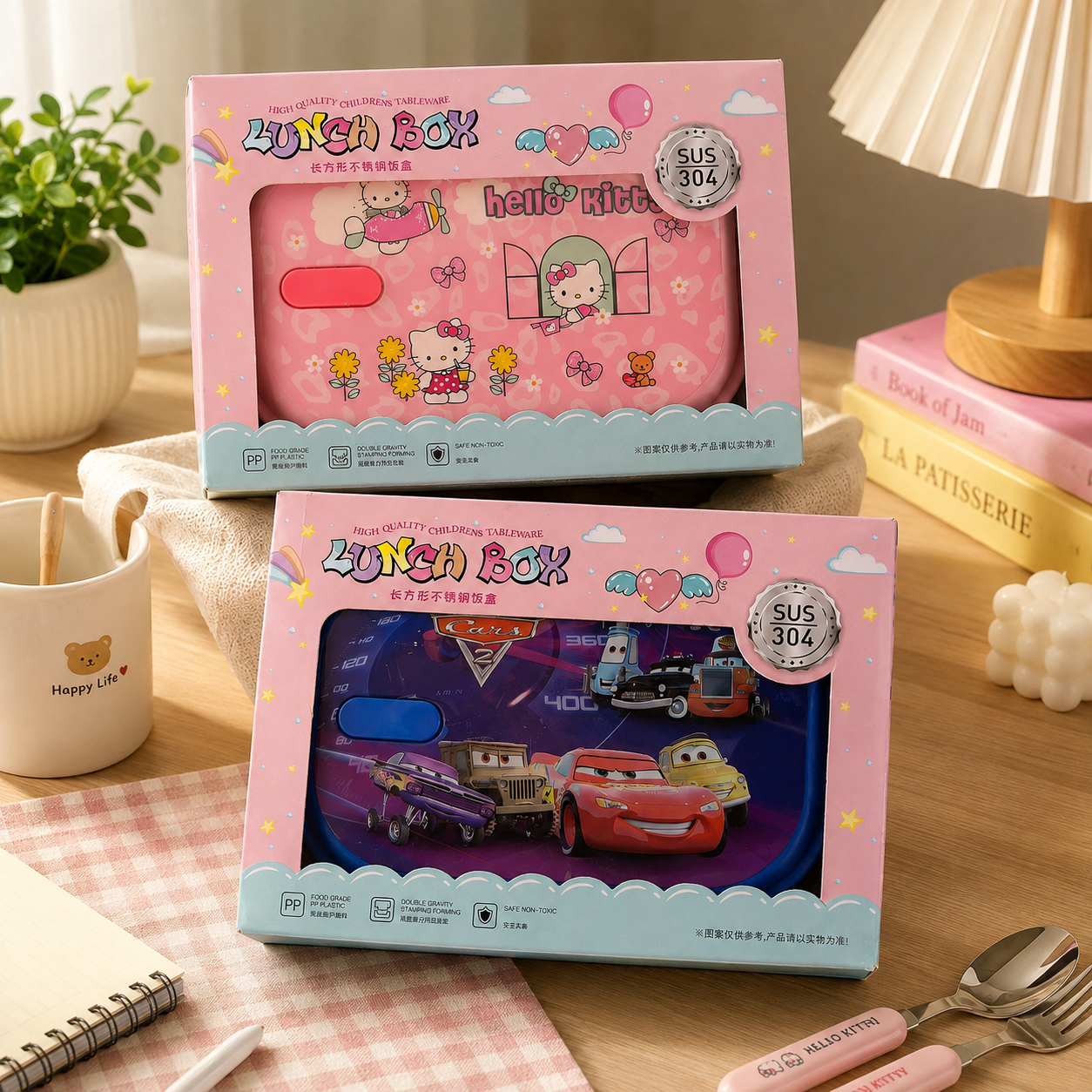 SUS 304 Kids Lunch Box Stainless Steel – Pink & Blue Cartoon Designs