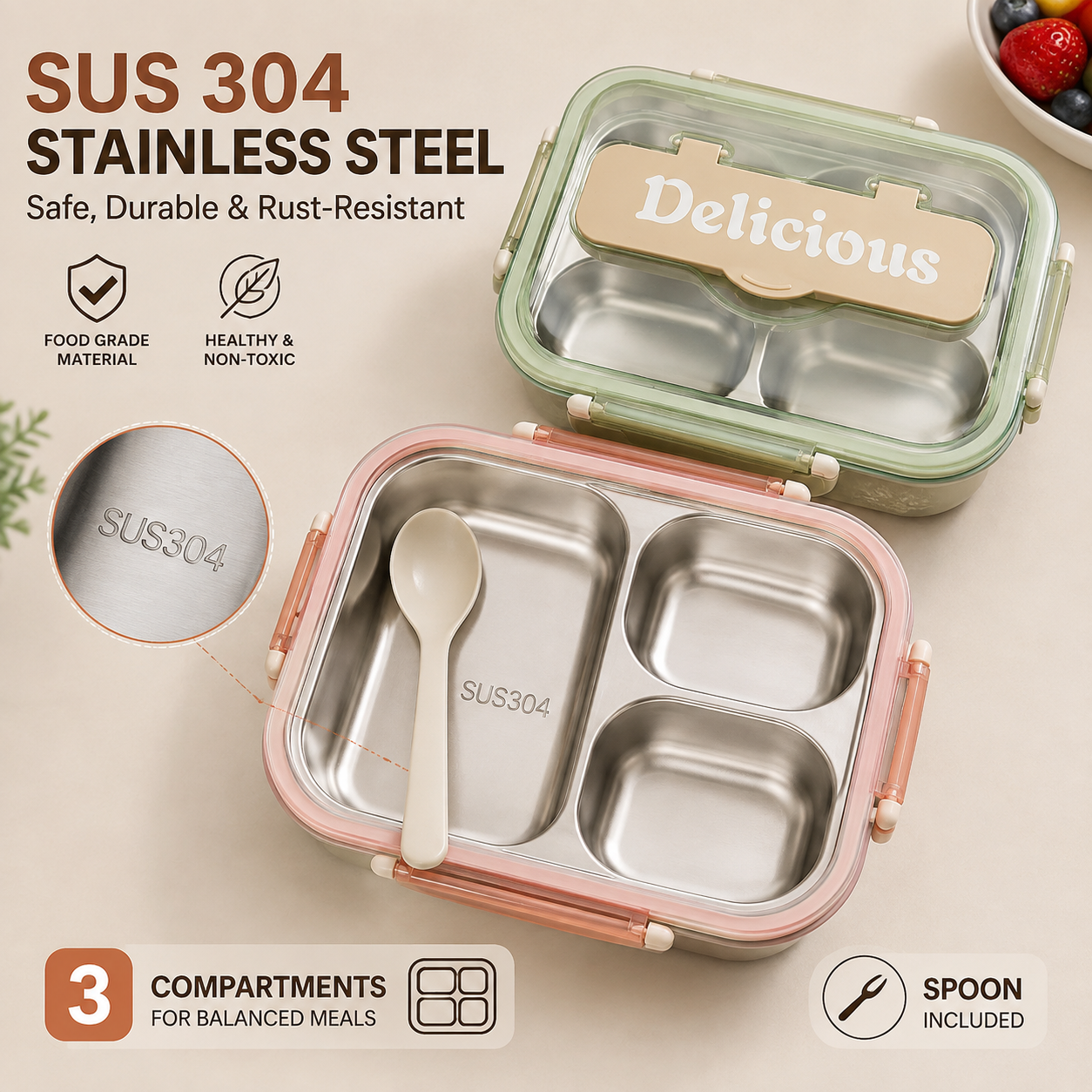 SUS 304 Tri-Compartment Stainless Steel Lunch Box