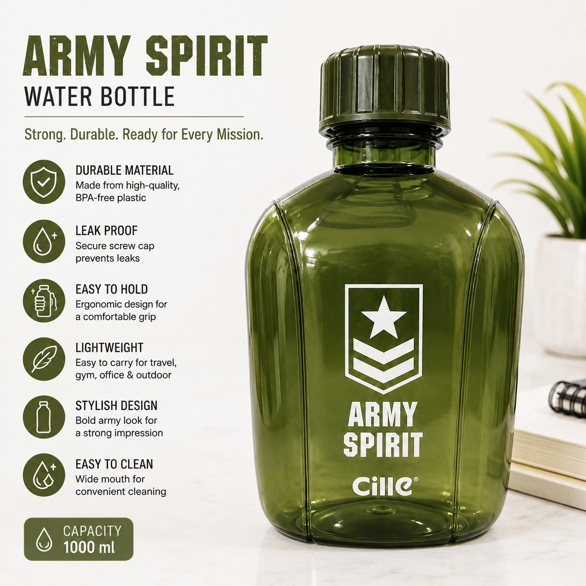 Army Spirit Military Style Water Bottle – Green | 950ml
