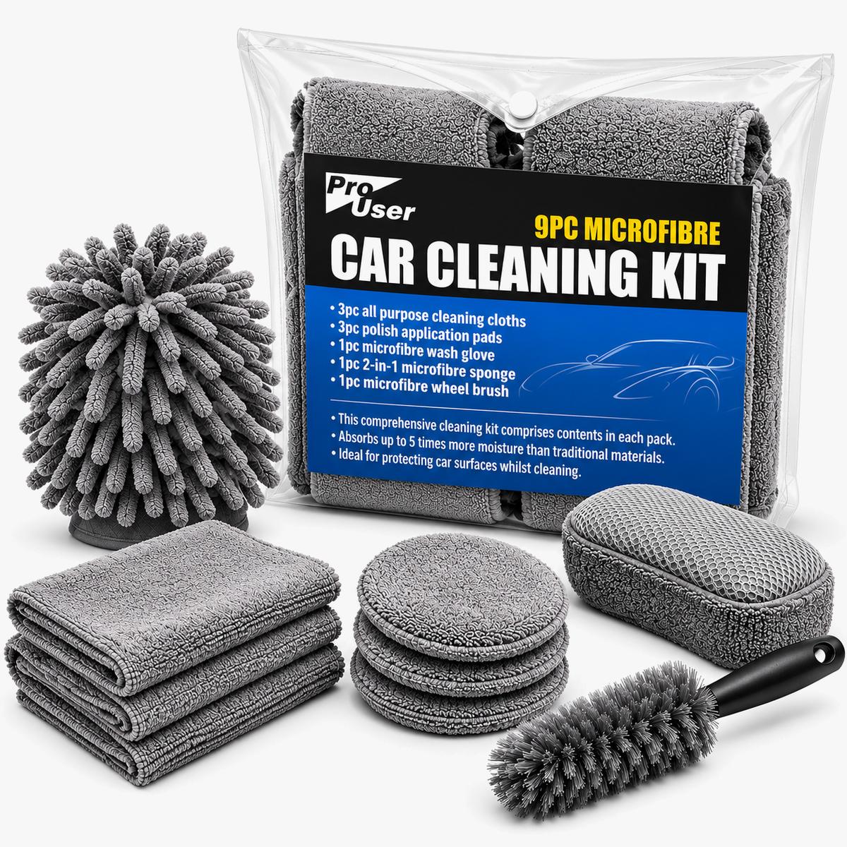 Pro User 9PC Microfibre Car Cleaning Kit