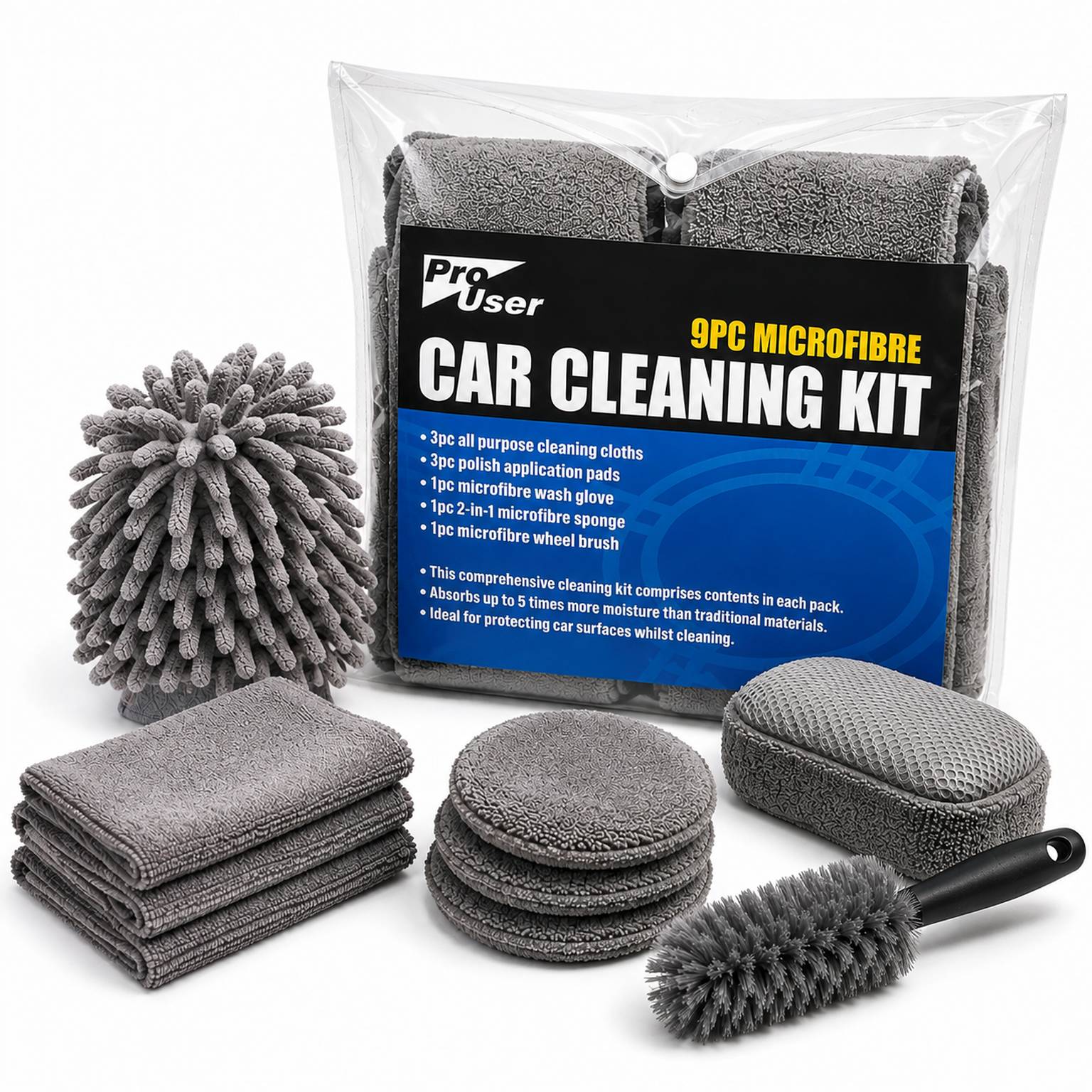 Pro User 9PC Microfibre Car Cleaning Kit