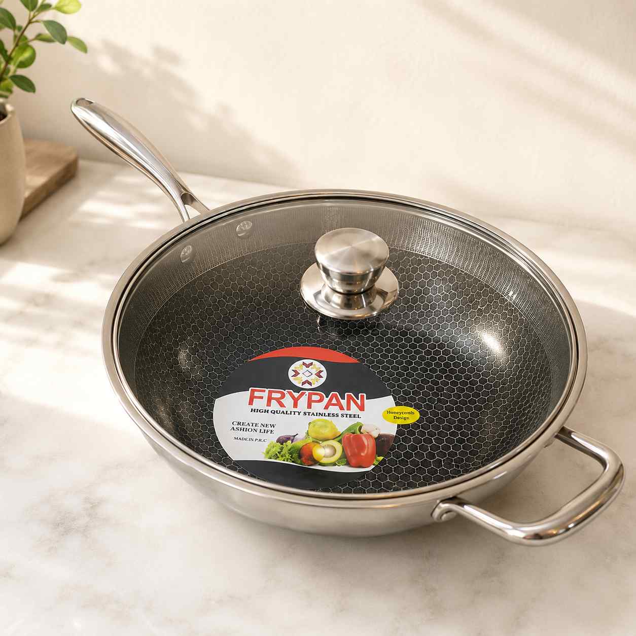 Honeycomb Laser-Cut SUS 316L Stainless Steel Wok with Lid