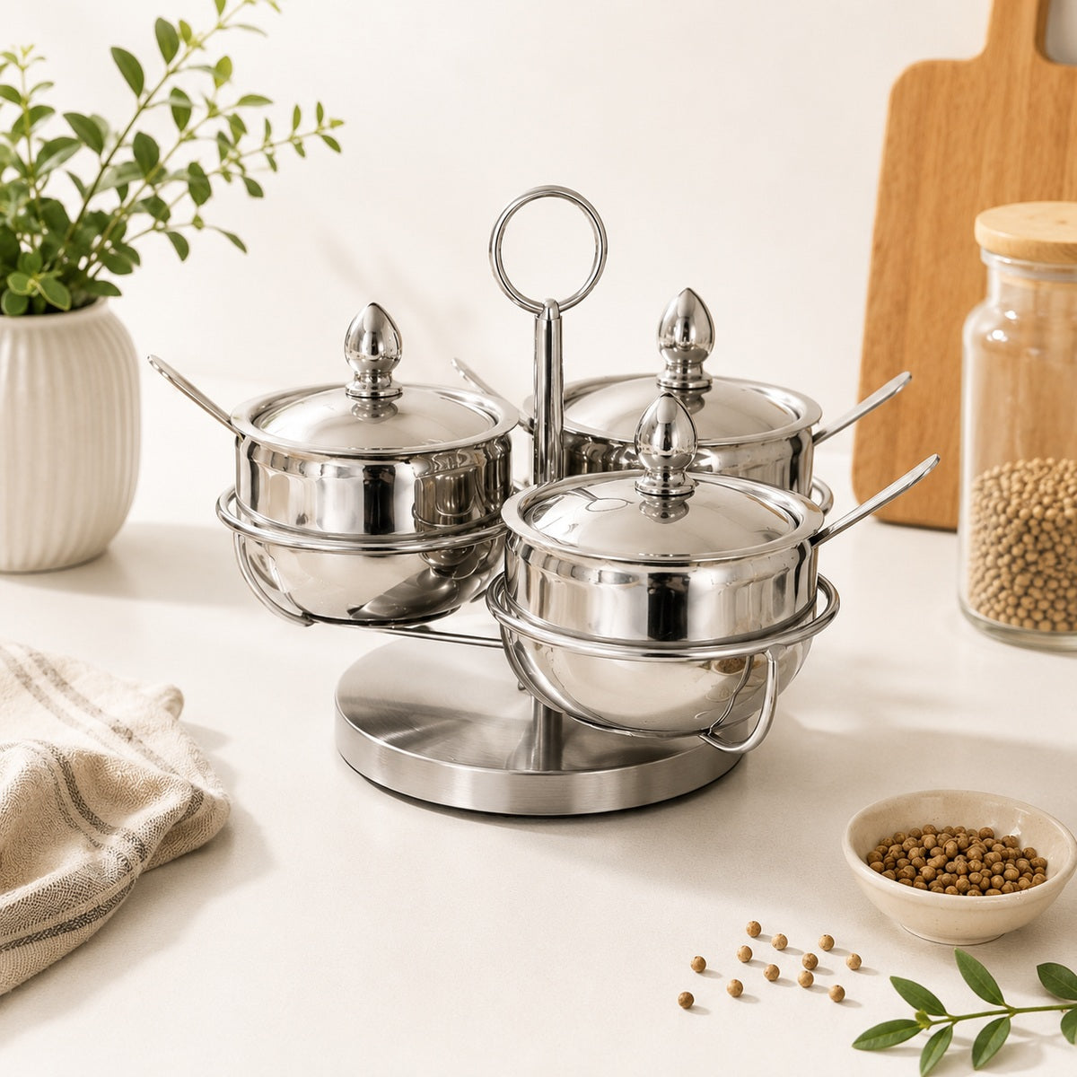 360° Rotatable Stainless Steel Seasoning Set with Glass Lids