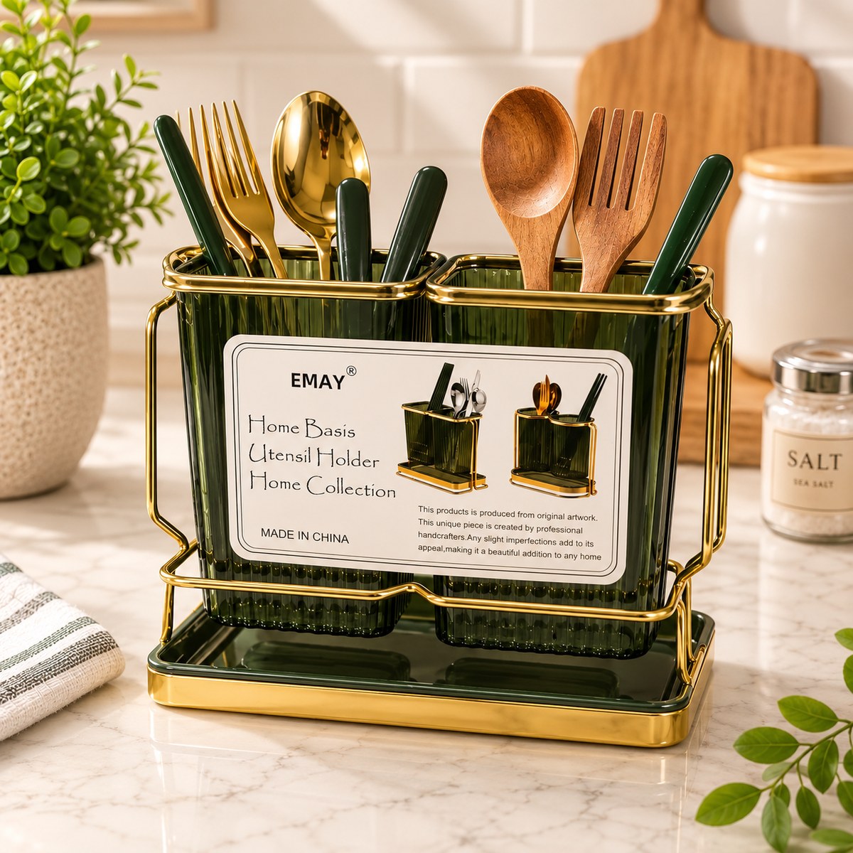 EMAY Gold & Green Double Utensil Holder