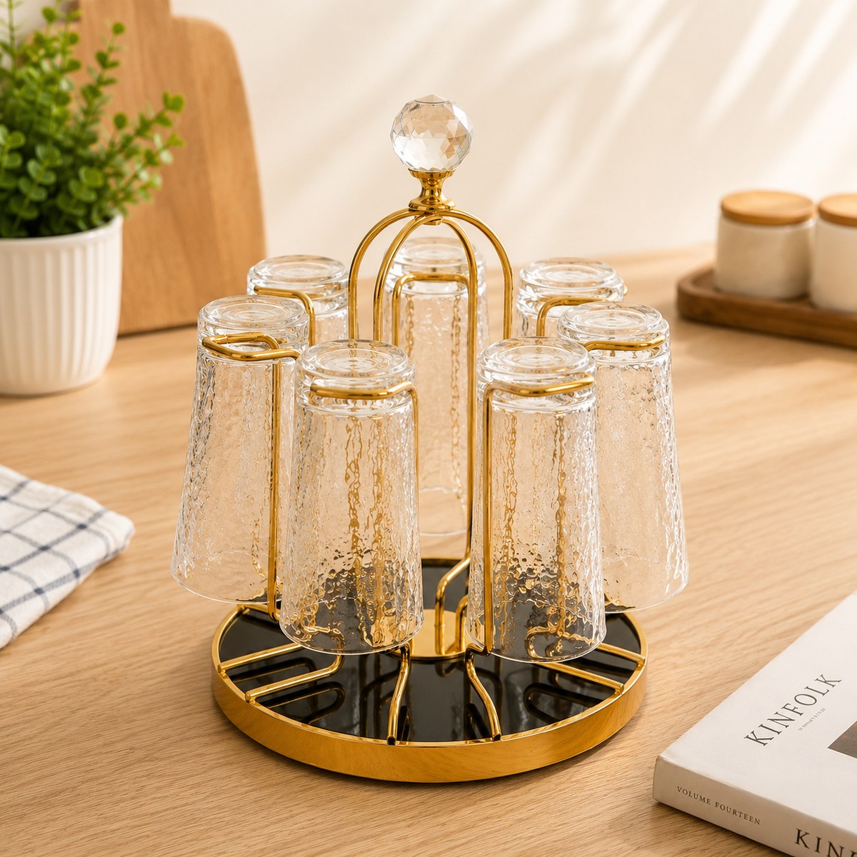 Gold Rotatable Glass Holder Rack – Elegant 6-Glass Storage Stand