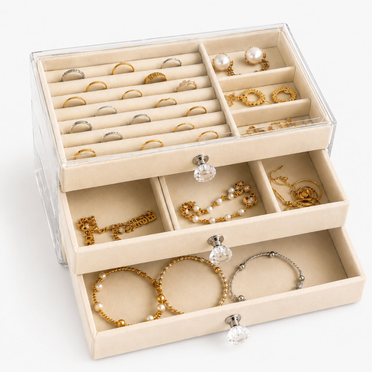 Luxury 3-Tier Velvet Jewelry Organizer Box with Acryic Lid
