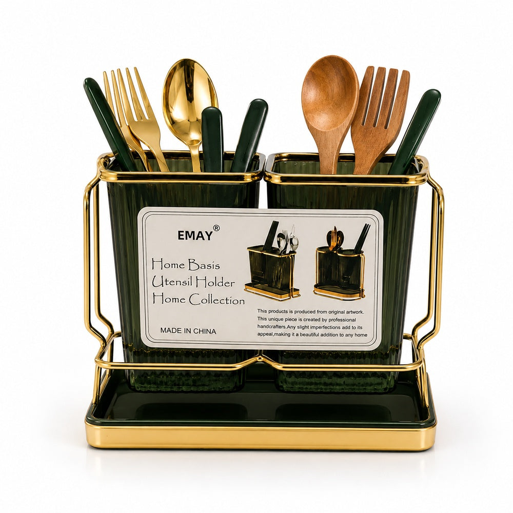 EMAY Gold & Green Double Utensil Holder